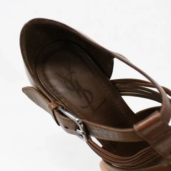 YSL #36155 Brown Leather Tribute T-Strap Platform Heels (US 8 EU 38)